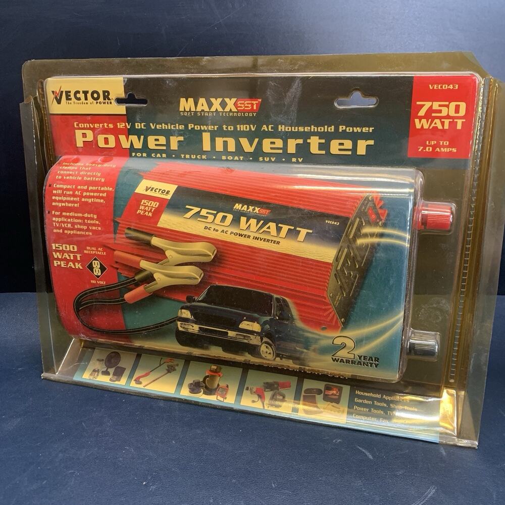 Vector Maxx SST VEC043 750 Watt DC to AC Power Inverter Battery Clips 1500 Watt
